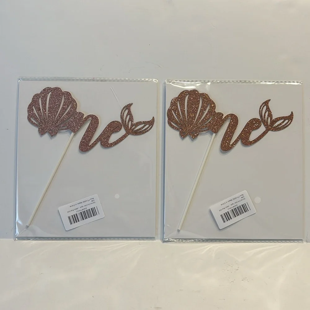 Mermaid Theme Rose Gold Glitter One Cake Topper Set of 2
